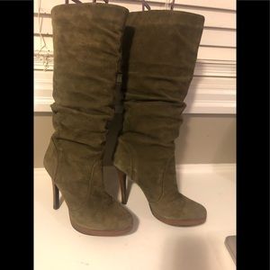 Green knee high suede boots